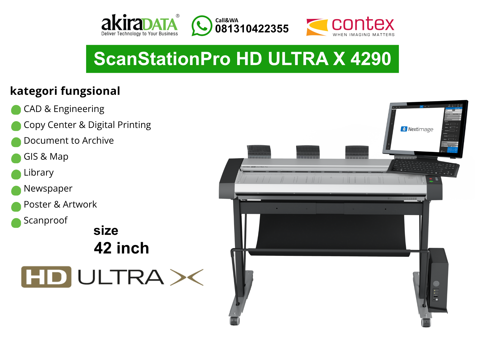 Scanner Contex ScanStationPro HD Ultra X 4290 ukuran 42 inci dengan monitor Nextimage, digunakan untuk pemindaian large format seperti CAD, arsip dokumen, peta, poster, dan artwork.