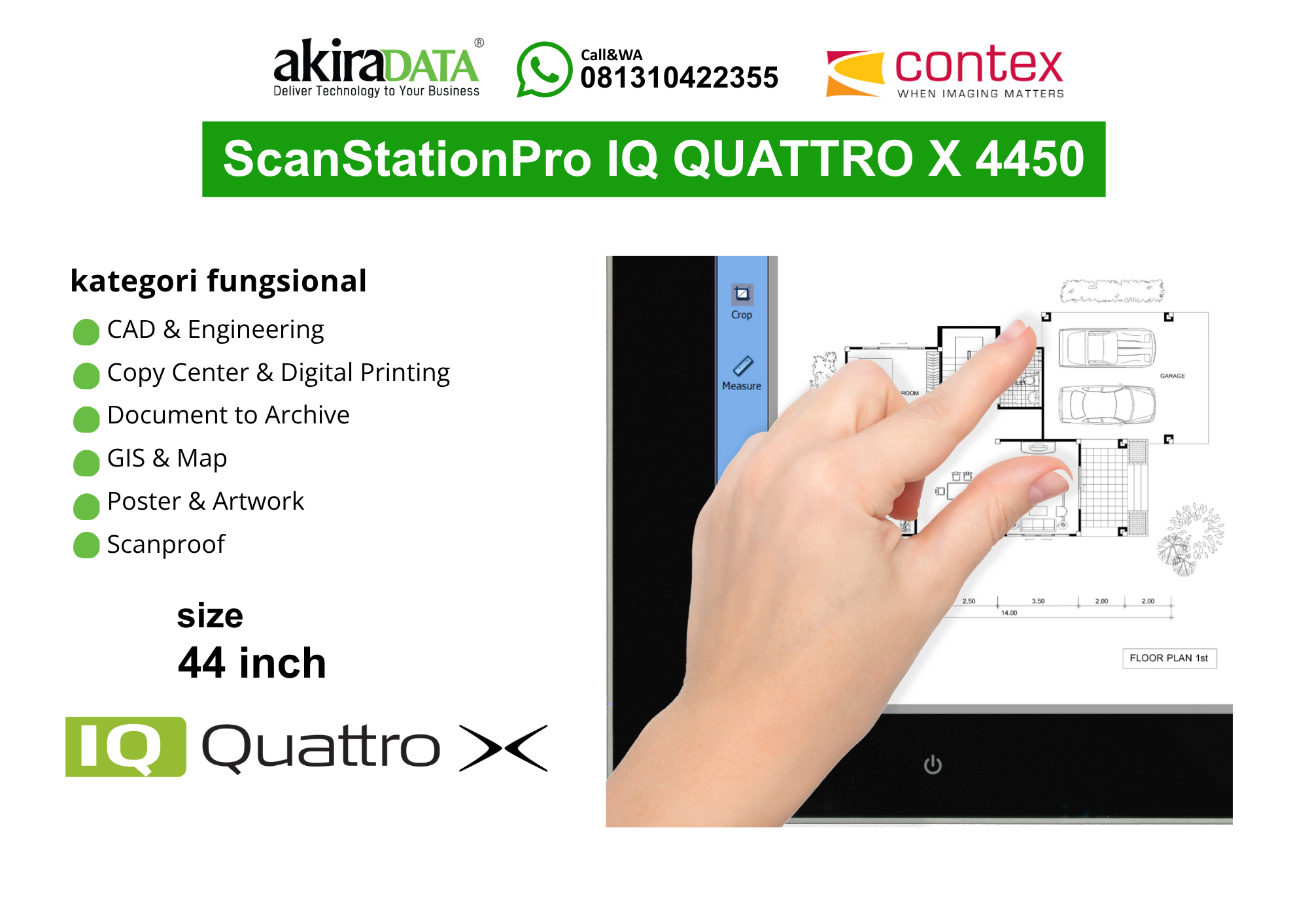 Scanner Contex ScanStationPro IQ Quattro X 4490 ukuran 44 inci dengan monitor Nextimage, untuk pemindaian large format seperti CAD, arsip dokumen, peta, poster, dan artwork.